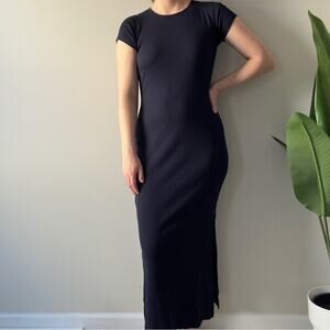 Elie Tahari Navy Midi Dress ribbed short sleeve Bodycon slit side solid casual S